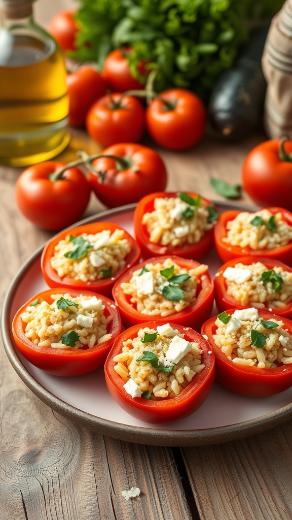 A colorful plate of baked stuffed tomatoes filled with rice and herbs, garnished with feta cheese and fresh herbs.